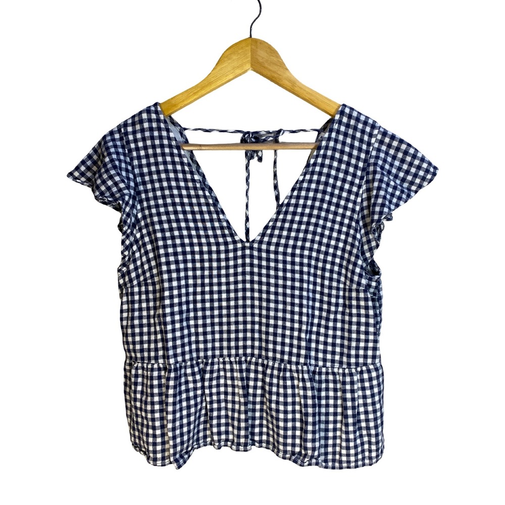 Abercrombie & Fitch Navy Gingham Linen Blend V-Neck Peplum Top Tie Back Womens M